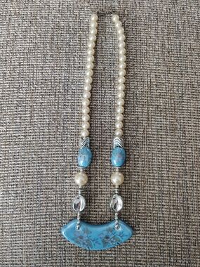 Cream Pearl Necklace with Blue Floral Pendant